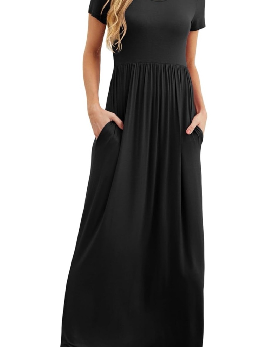 Classic Black Short-Sleeve Maxi Dress with Pockets